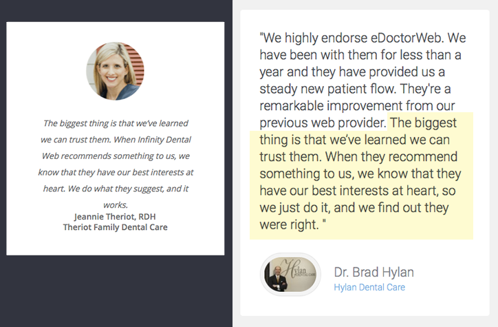 Review from Jeannie Theriot about Infinity Dental Web, side-by-side with a review from Dr. Brad Hylan about eDoctorWeb.