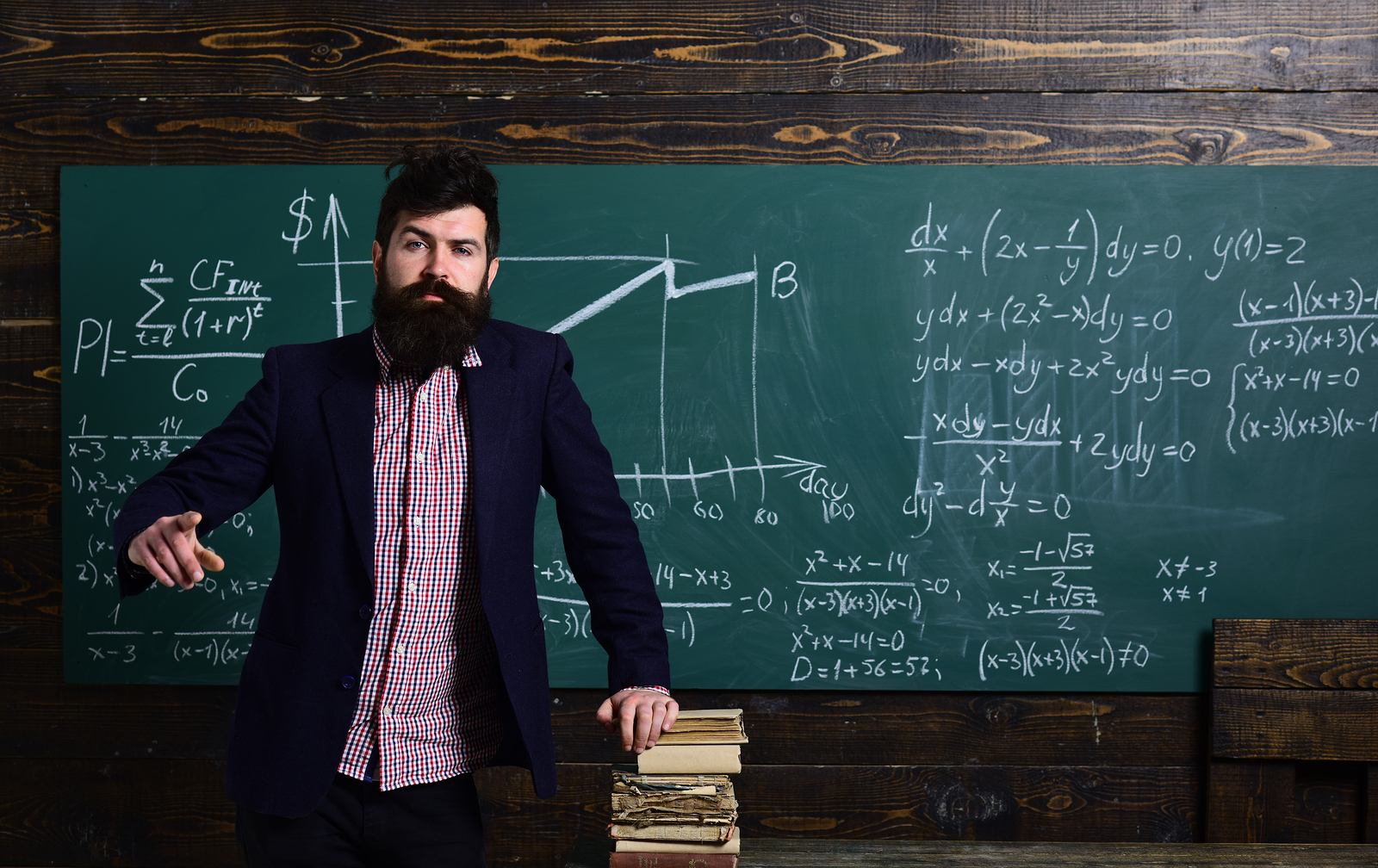 Man in front of chalkboard with math equations