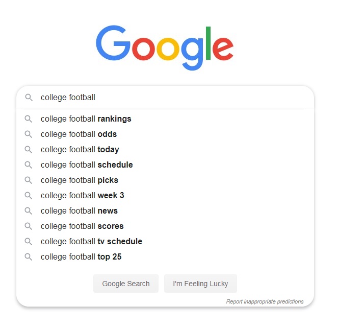 A screen shot of a Google search for "College football" with Google Suggest options