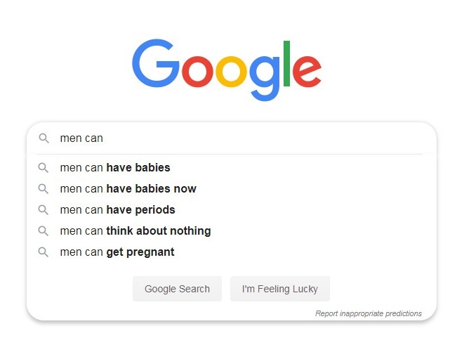 A screen shot of a Google search for "men can" with Google Suggest options
