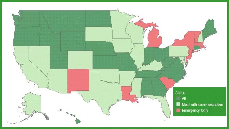 A US map showing NM, LA, MI, SC, NY, NJ, DE, VT, MA, and RI dental practices still closed