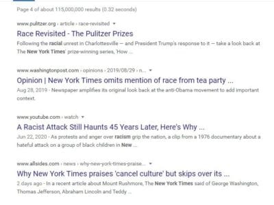 A screen shot of search results from Google for "new york times racist history" showing the critical article ranked on page 4