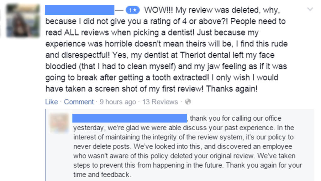 Facebook capture featuring a review mentioning a deleted negative review.