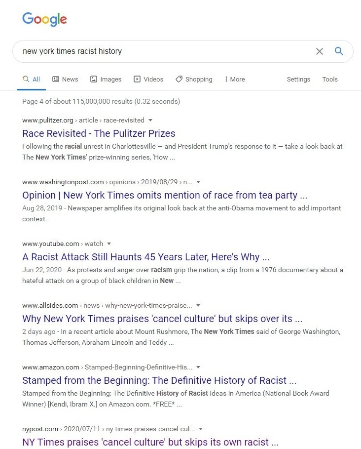 A screen shot of search results from Google for "new york times racist history" showing the critical article ranked on page 4