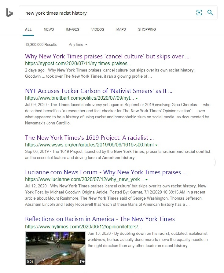 A screen shot of search results from Bing for "new york times racist history" showing the critical article ranked #1