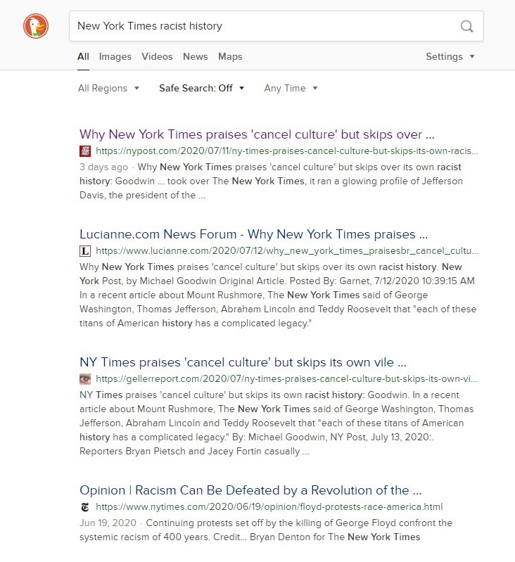A screen shot of search results from DuckDuckGo for "new york times racist history" showing the critical article ranked #1