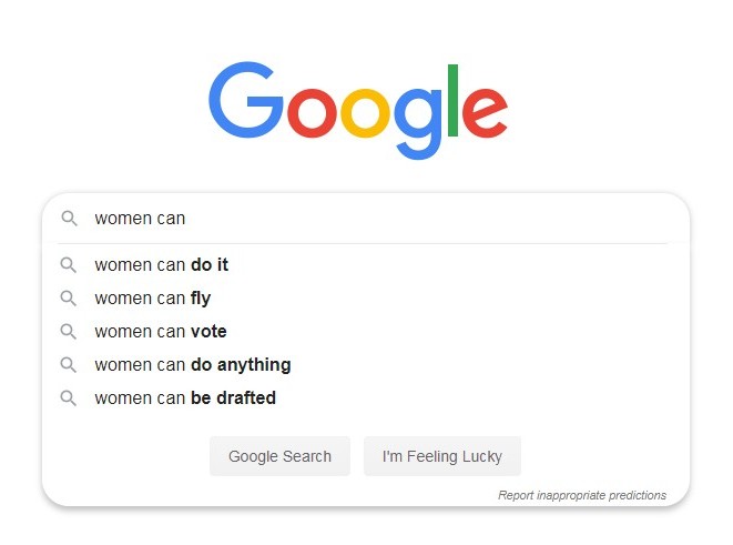 A screen shot of a Google search for "women can" with Google Suggest options
