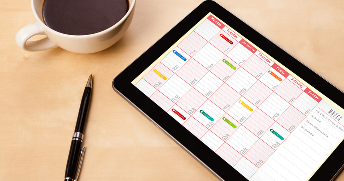 Social media content calendar on a tablet.