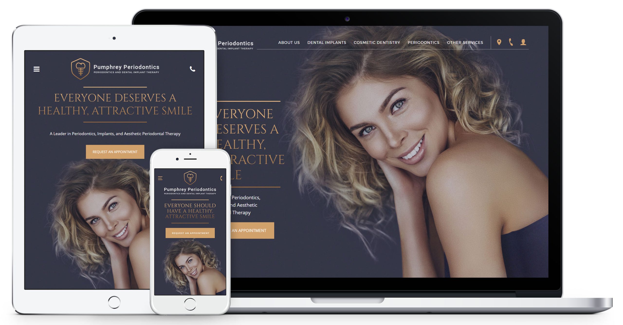 Laptop tablet and iphone example of Infinity Dental Website Design for Dentists