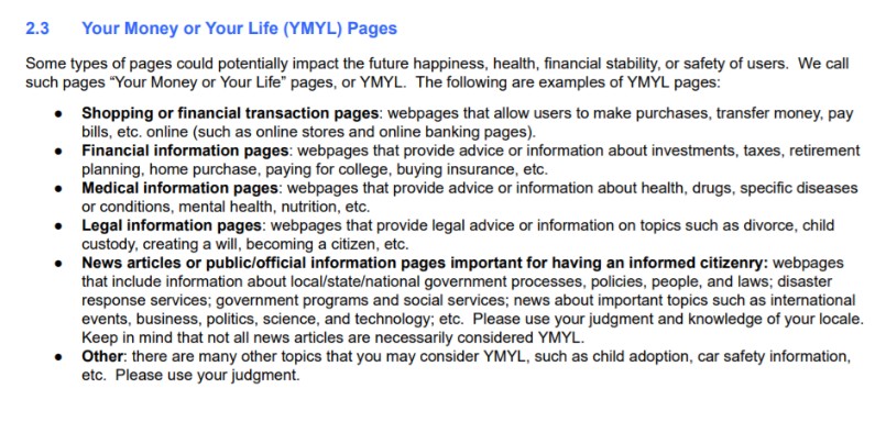 A list of Google's YMYL guidelines, to give weight to web pages and manipulate search results