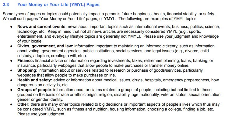 Googles list of types of pages it considers Your Money or Your Life pages, as it attempts to manipulate search results.