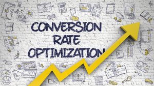 a graphic showing a line graph with an upward arrow and the words "Conversion rate optimization"