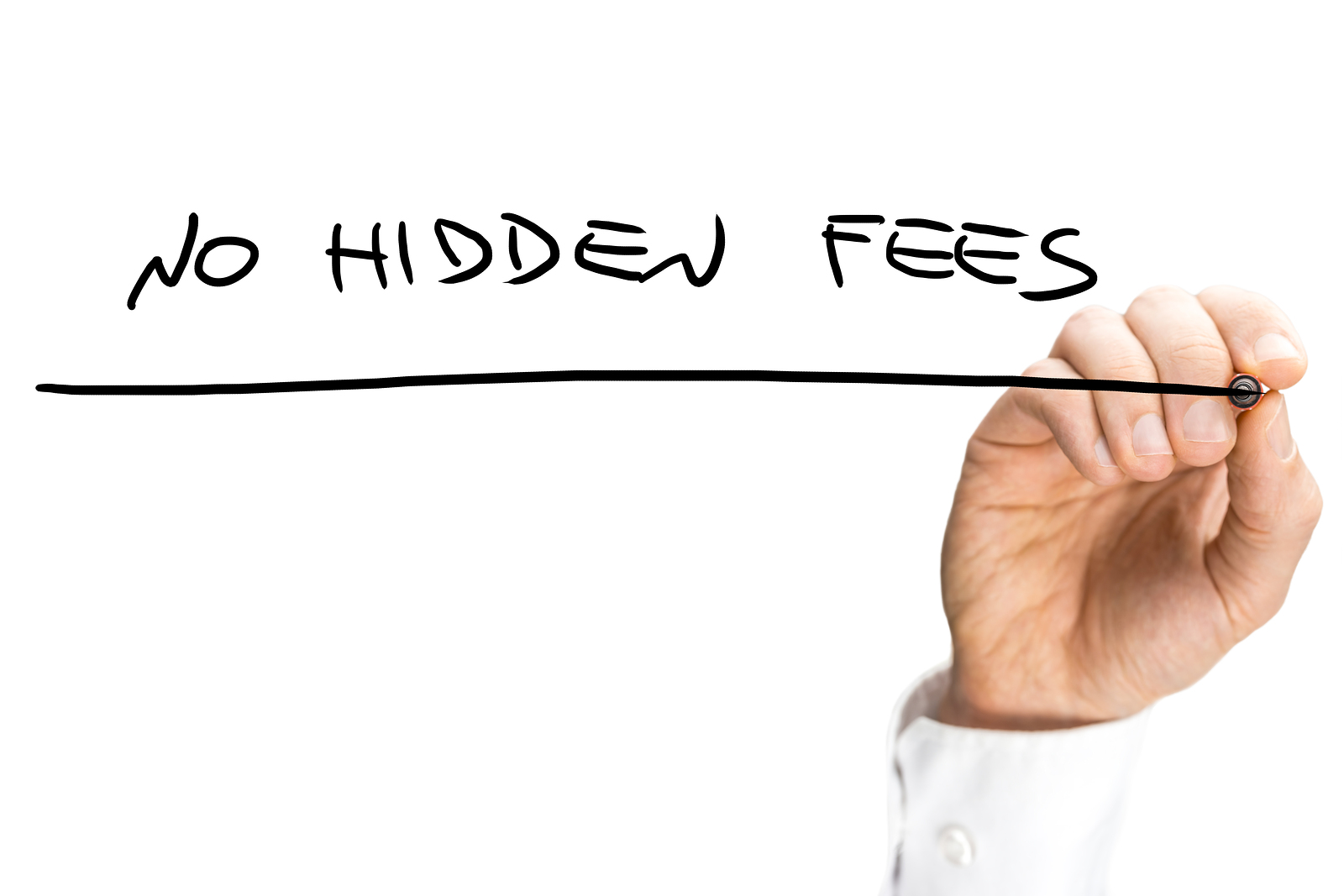 Businessman dentist writing the words - No hidden fees.