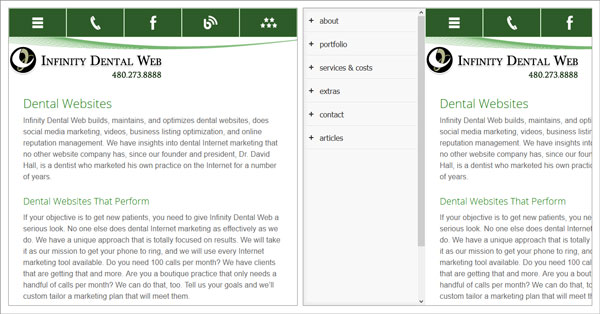 Example of responsive navigation used by Infinity Dental Web
