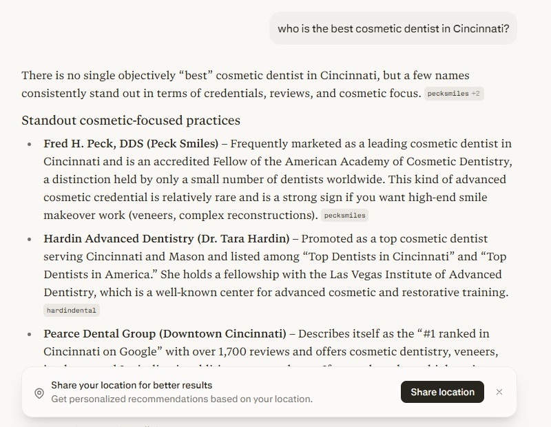 a screen shot of the result from asking Perplexity, "who is the best cosmetic dentist in Cincinnati?"