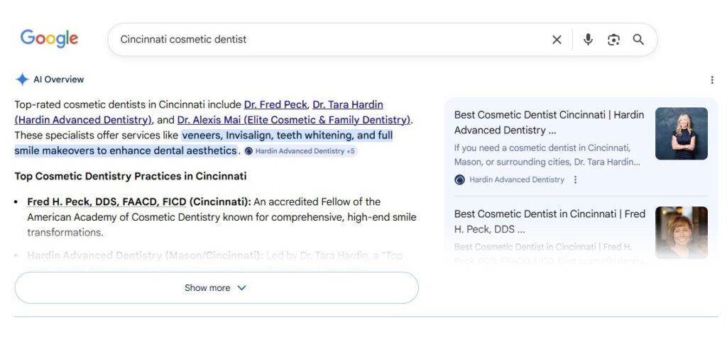 A screen shot of search results for Cincinnati cosmetic dentist, showing Google's AI overview