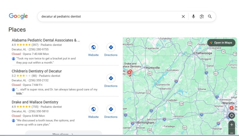 A screen shot of a Google search for Decatur, AL pediatric dentist.