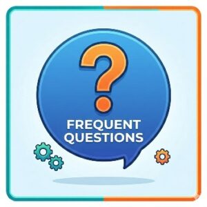 A red circle with an orange question mark and the words: frequent questions.
