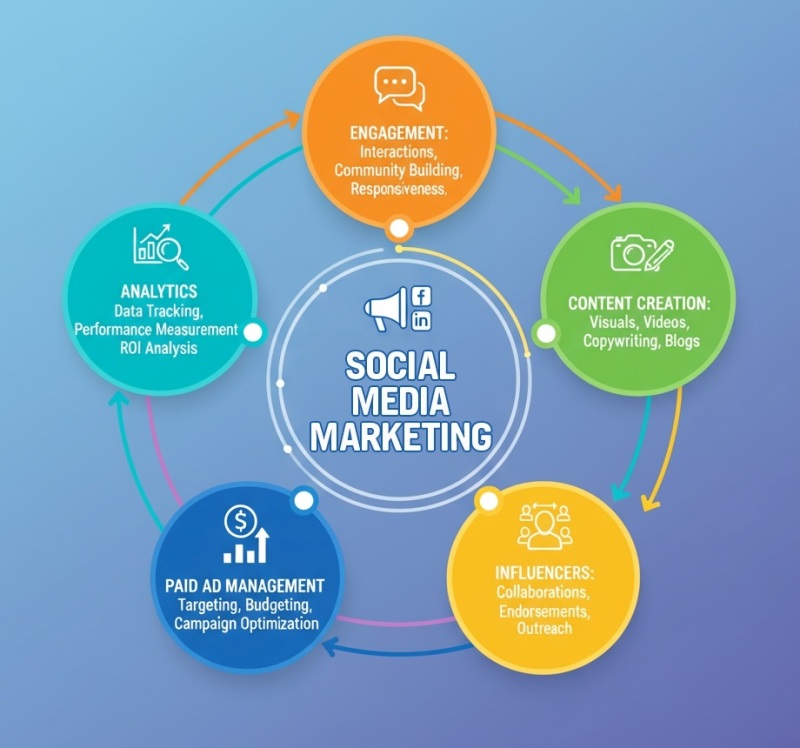 An infographic showing circles representing the elements of social media marketing: analytics, engagement, content, influencers, paid ads.