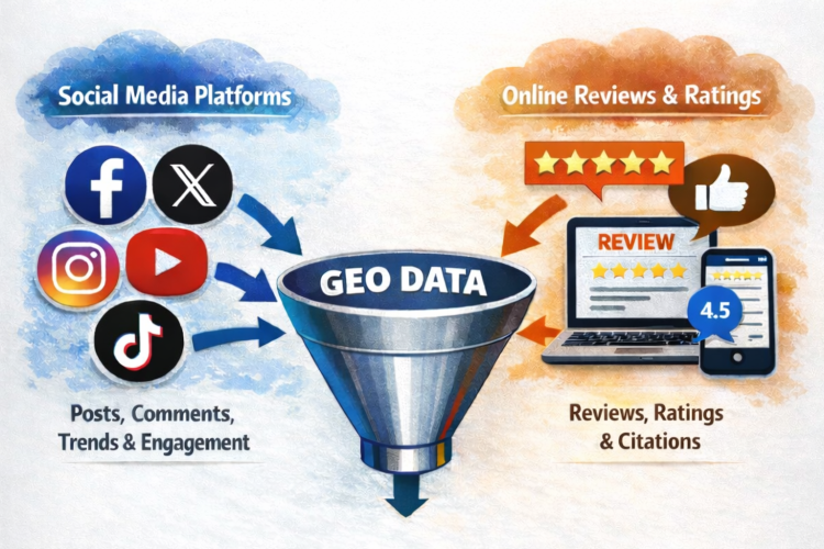 An infographic showing a funnel representing GEO data being fed by social media and online reviews and citations.